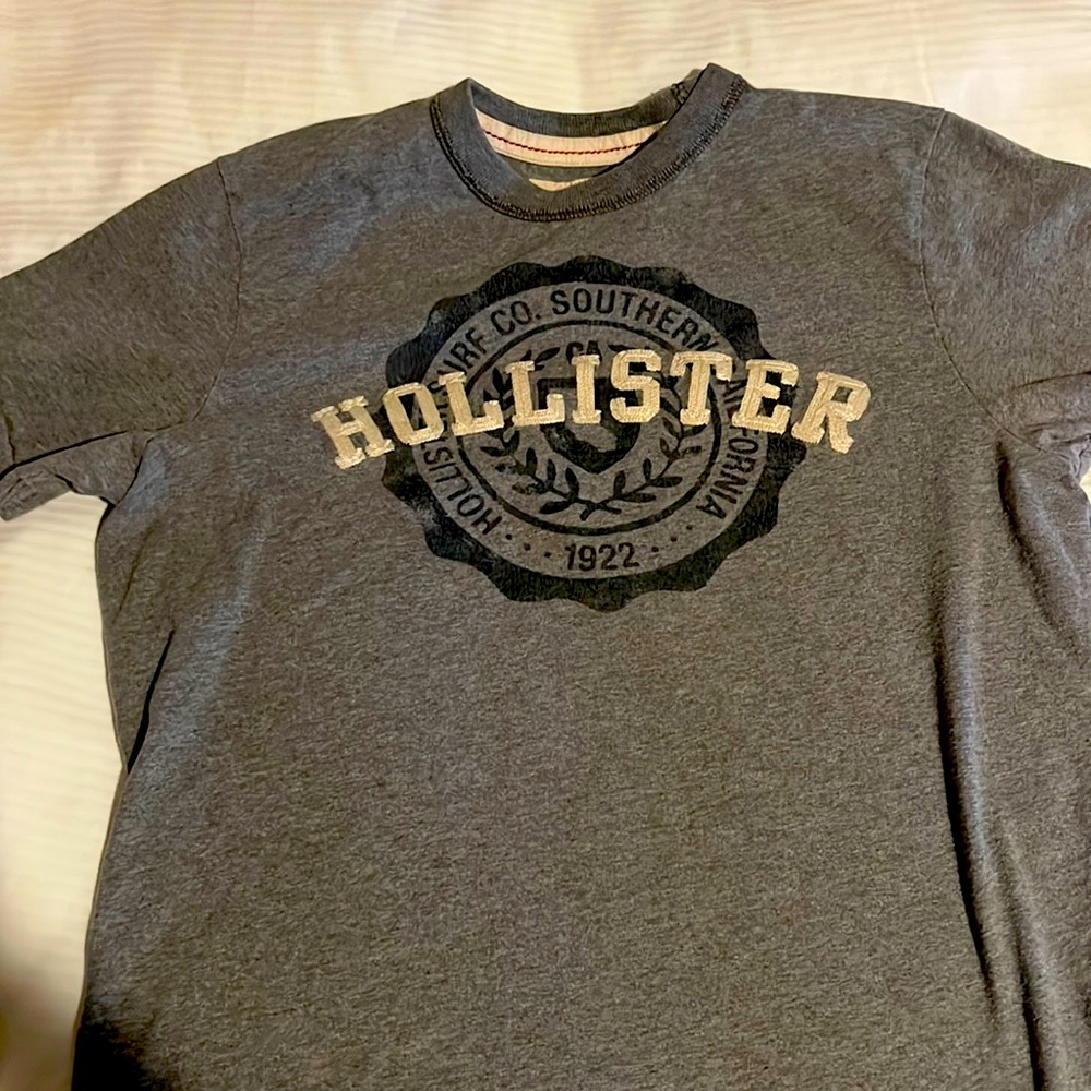 Hollister medium gray short sleeved t-shirt.  Raised embroidered logo.